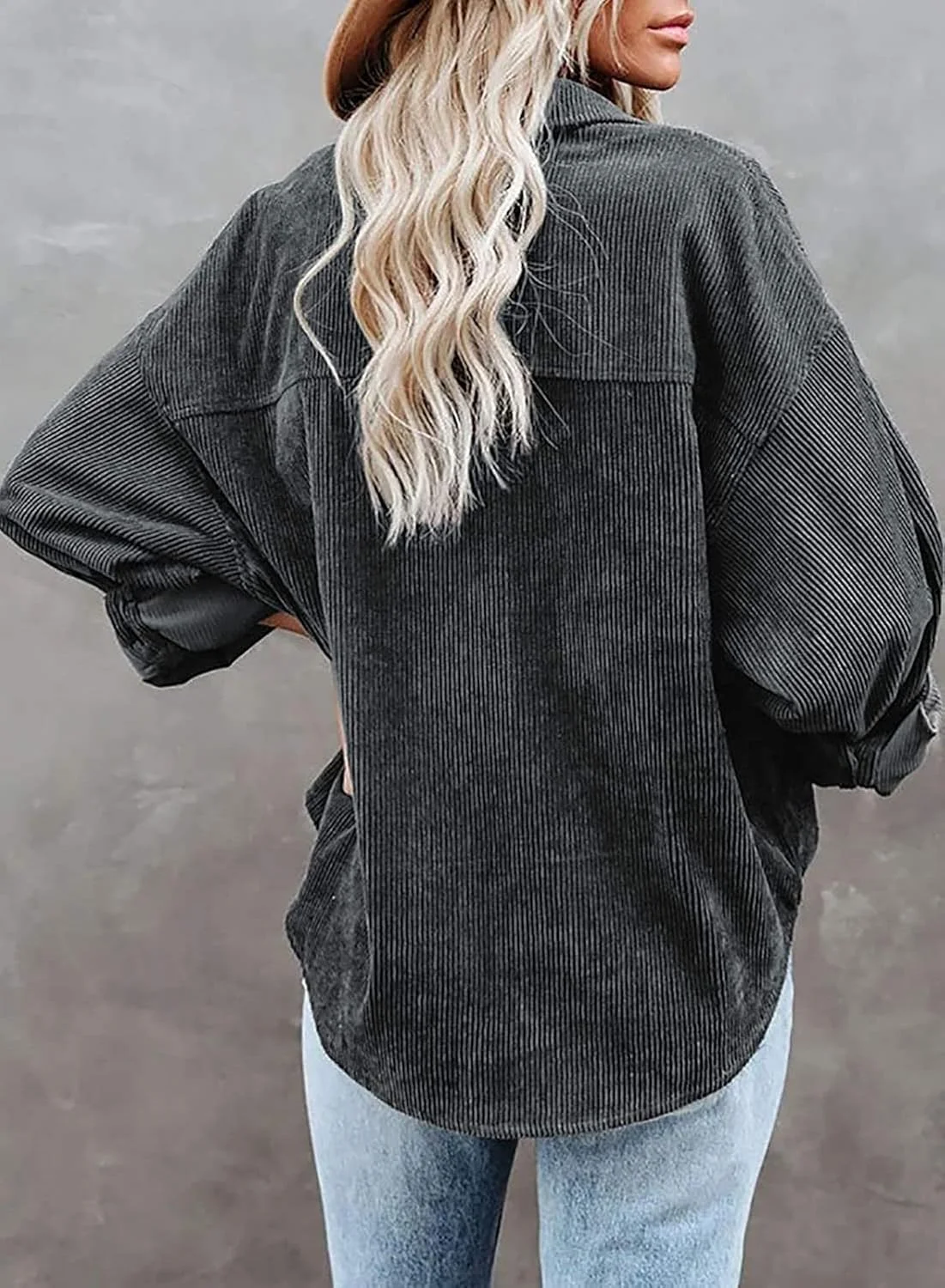 BWDIDACI شکت زنانه دکمه دار کبریتی، ژاکت پیراهن آستین بلند غیر رسمی، بلوز و تاپ های سایز بزرگ، خاکستری تیره، M