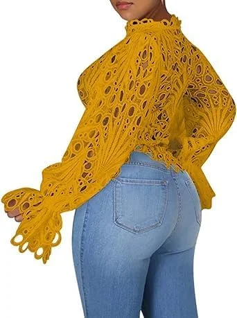 تاپ توری زنانه یقه هفت باز آستین ناقوسی دکمه دار