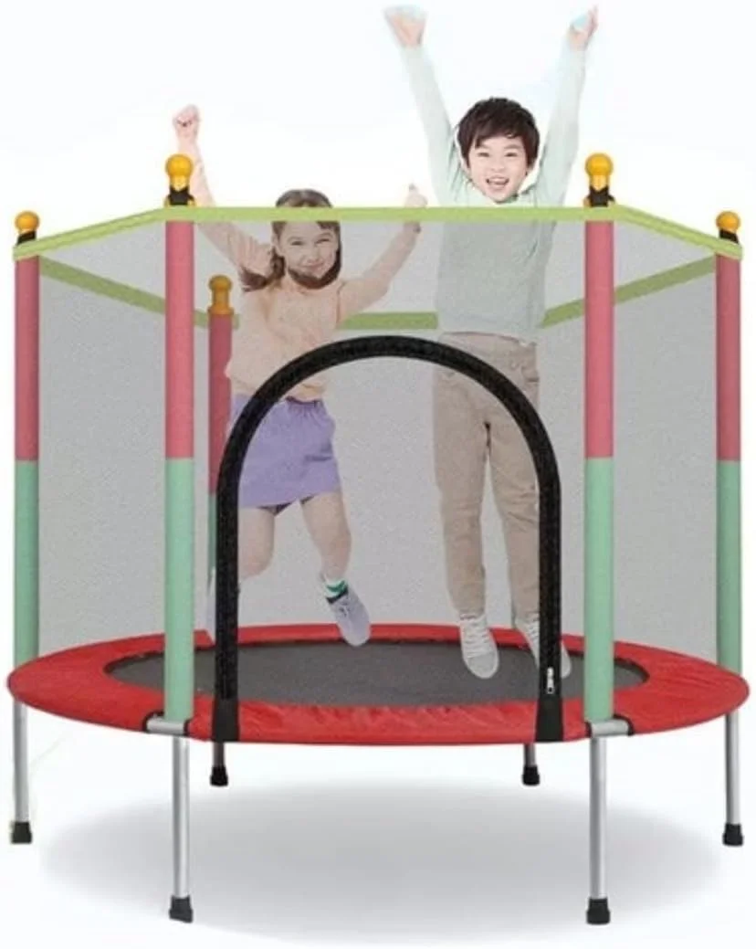 ترامپولین تناسب اندام تاشو با ارتفاع قابل تنظیم برای کودکان و بزرگسالان | ریباندر داخل/خارج از منزل با توری محافظ ایمنی، حلقه بسکتبال و نرده فوم | جامپینگ کودک تجهیزات ورزشی خانگی