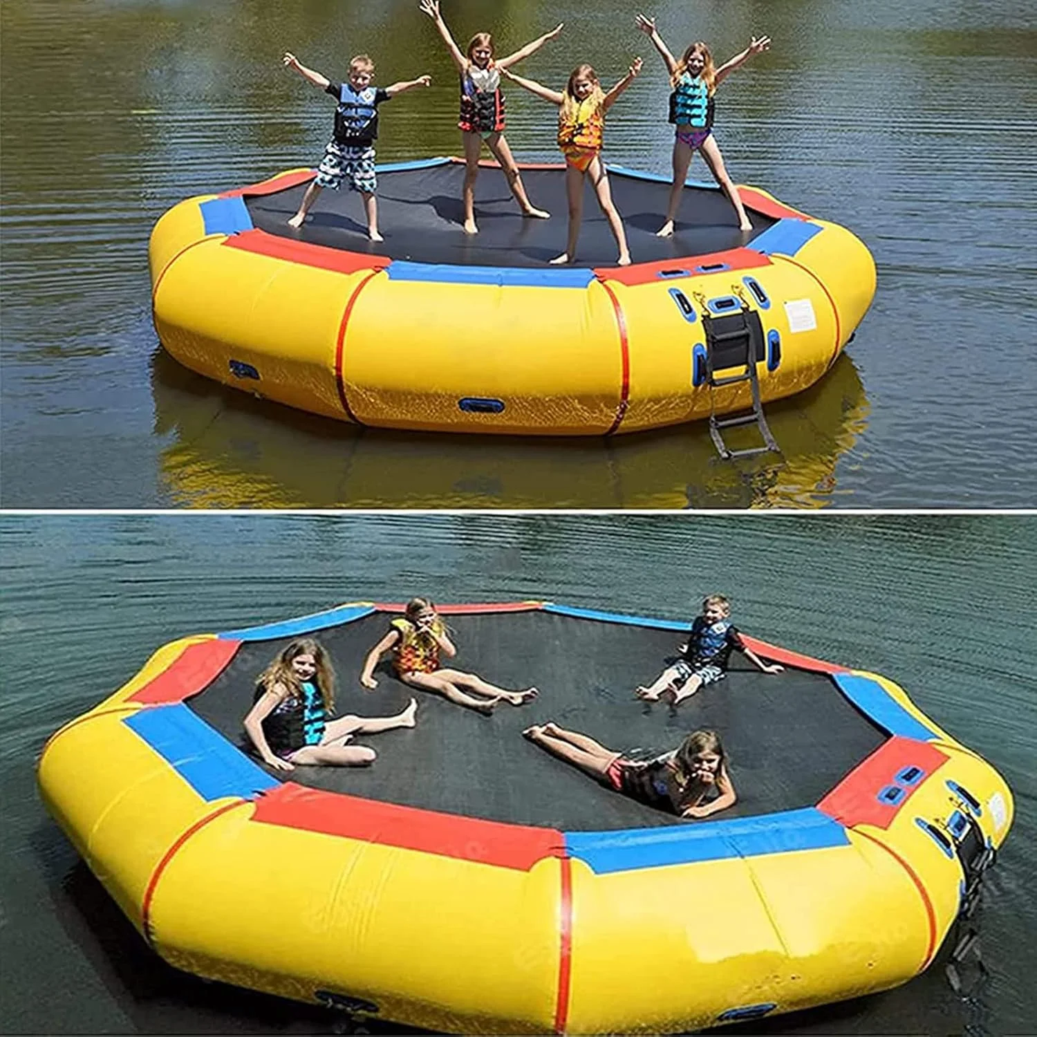 ترامپولین آبی بادی 1.5 تا 4 متری، تجهیزات بازی بادی شناور پی وی سی بادوام برای بزرگسالان و کودکان، مناسب دریاچه، استخر و چمن