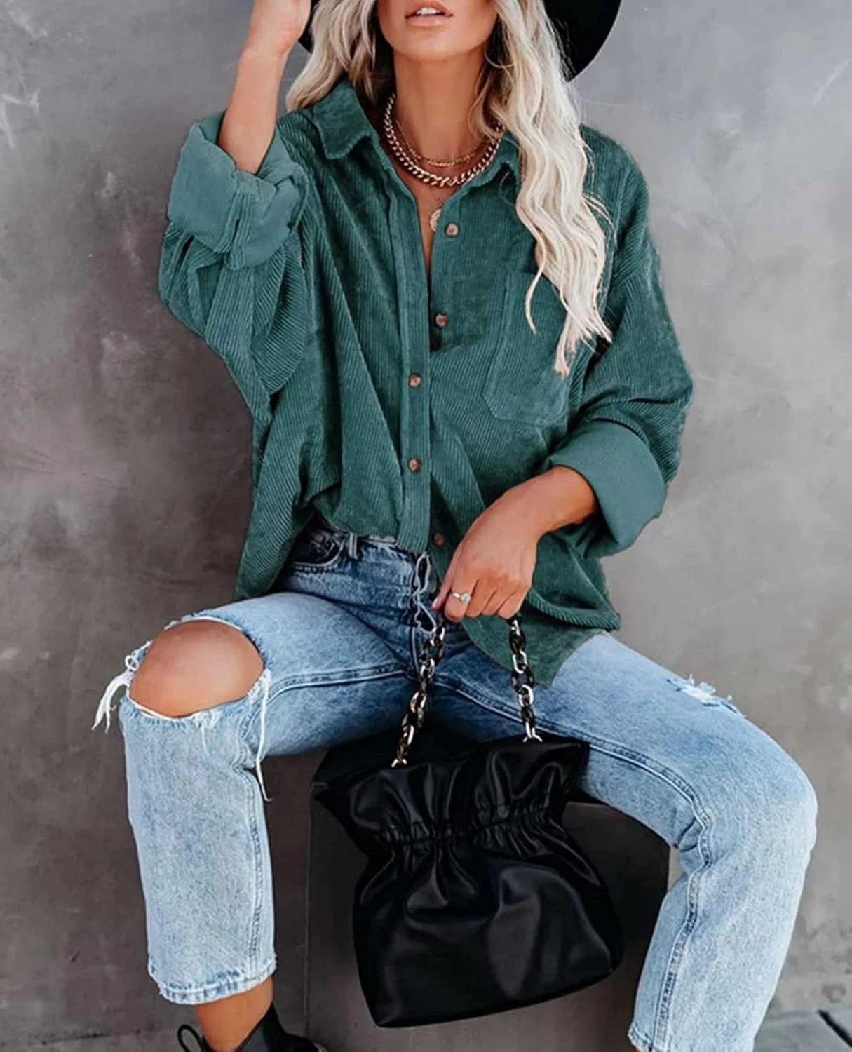 BWDIDACI شکت زنانه دکمه دار کبریتی، بلوز و تاپ آستین بلند غیر رسمی و بزرگ، سبز، XL