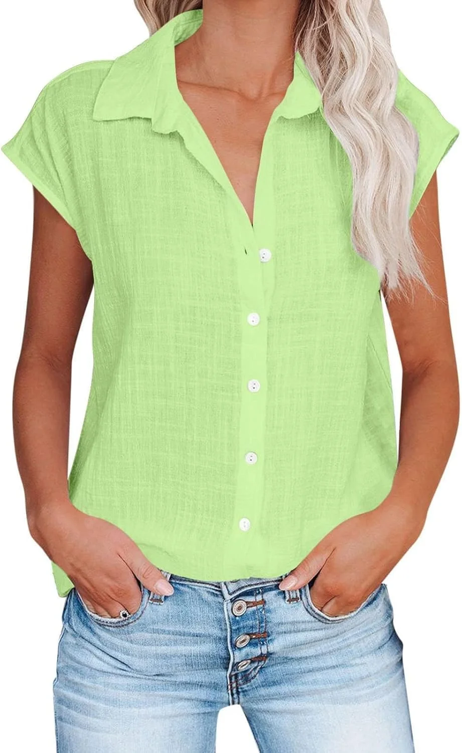 بلوز زنانه دکمه دار لینن آستین کوتاه کلاه دار، بلوز تابستانی شیک و غیر رسمی یقه هفت، تاپ های گشاد ساحلی لینن