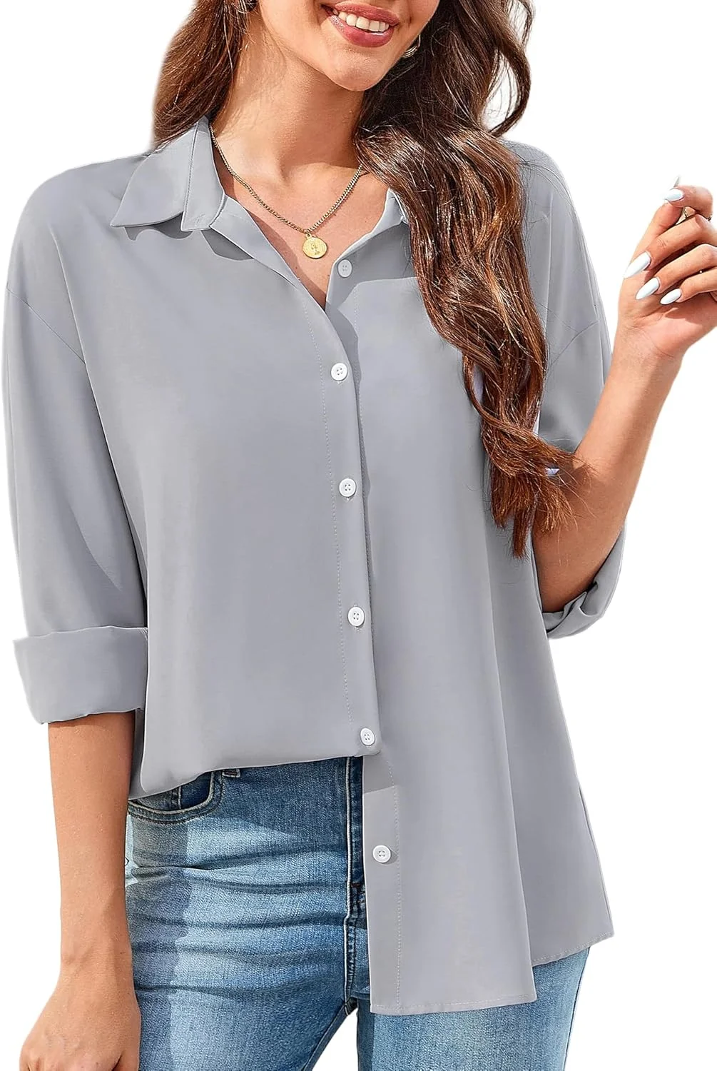 پیراهن دکمه دار زنانه آستین بلند، بلوز یقه دار، مناسب استایل کژوال و رسمی