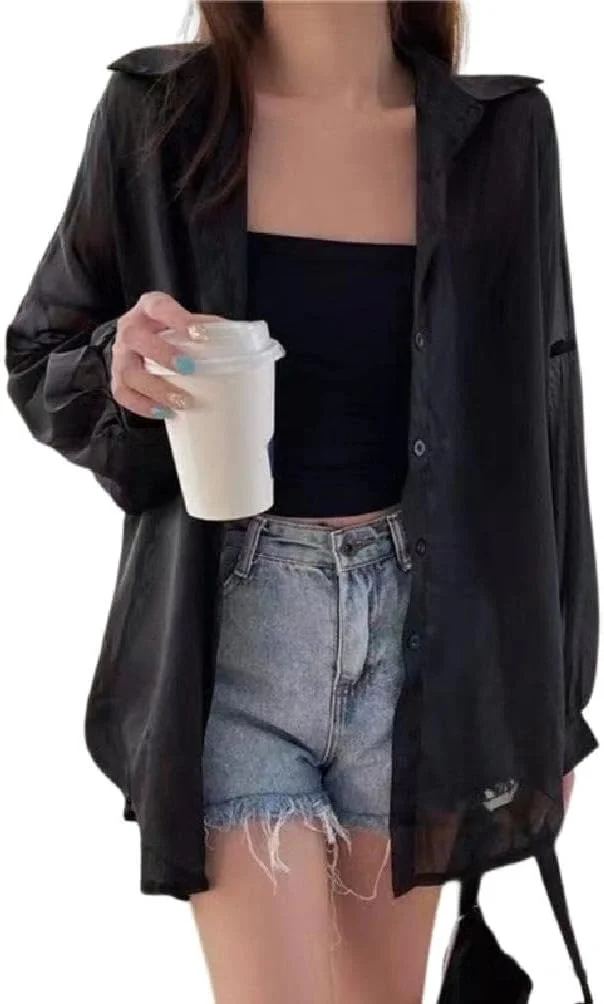 بلوز زنانه دکمه دار آستین بلند توری، بلوزهای شفاف و نازک، تاپ های آستین بلند زنانه، پیراهن های پایه