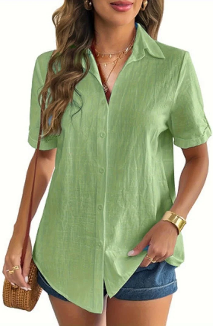 تاپ زنانه دکمه دار لینن آستین کوتاه بلوز تابستانی یقه هفت پیراهن نخی ساحلی زنانه