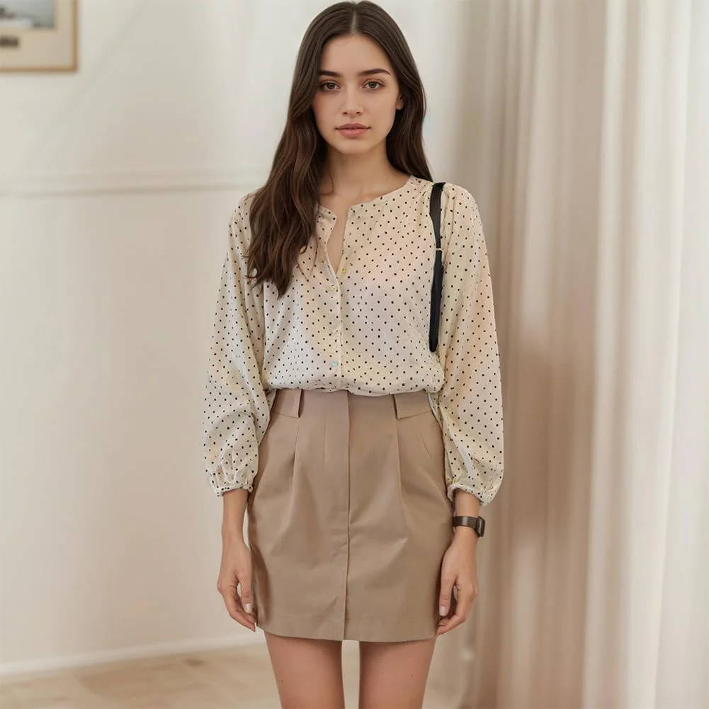 بلوز زنانه آستین بلند طرح خال خالی دکمه دار با تن خور راحت