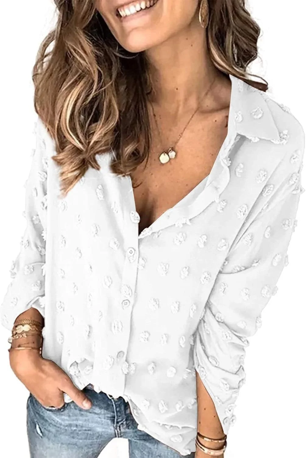 بلوز زنانه دکمه دار آستین بلند یقه برگردان، تاپ خال دار سوئیسی یقه هفت، مدل آزاد، رنگ ثابت، مناسب کار و استایل روزمره