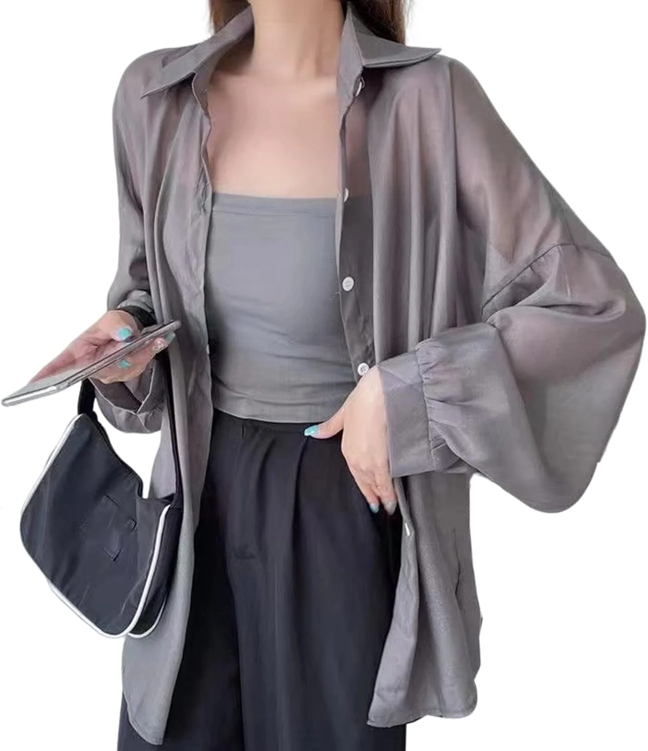 بلوز زنانه دکمه دار آستین بلند توری و نازک، تاپ شومیز آستین بلند گشاد و ظریف