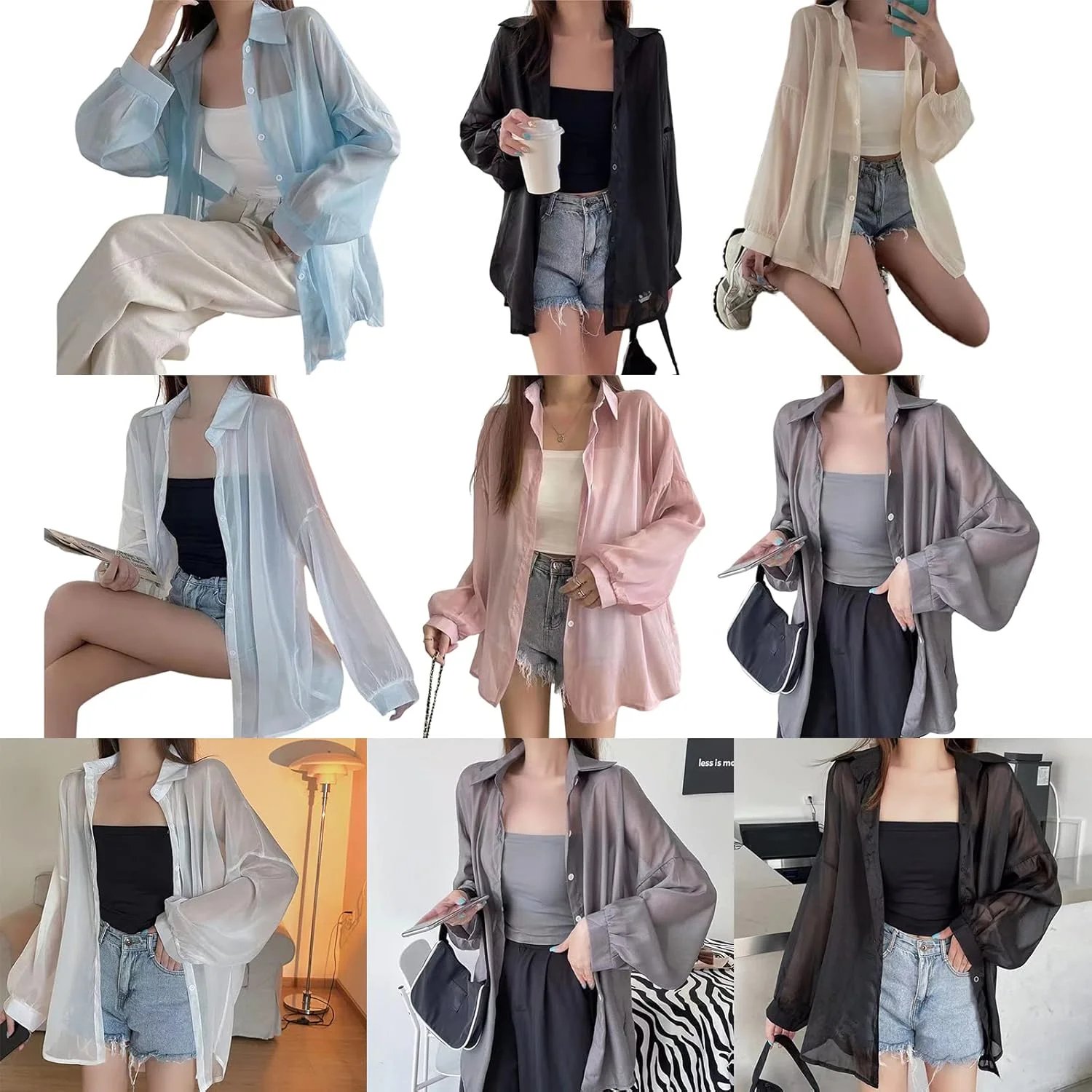 بلوز زنانه دکمه دار آستین بلند توری و نازک، تاپ شومیز آستین بلند گشاد و ظریف