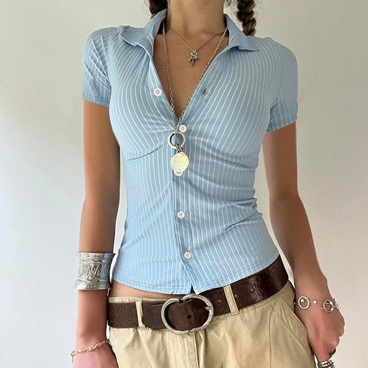 بلوز زنانه دکمه دار Y2k آستین کوتاه، یقه برگردان، مناسب استایل اداری و رسمی، بلوز جذب دهه 90 با بند قابل گره