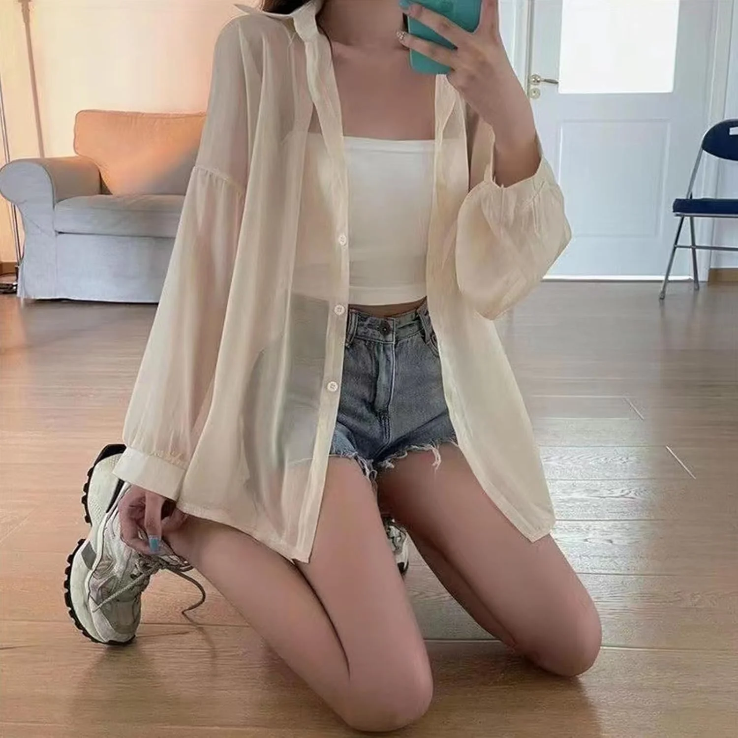 بلوز زنانه دکمه دار آستین بلند توری و نازک، تاپ شومیز آستین بلند گشاد و ظریف