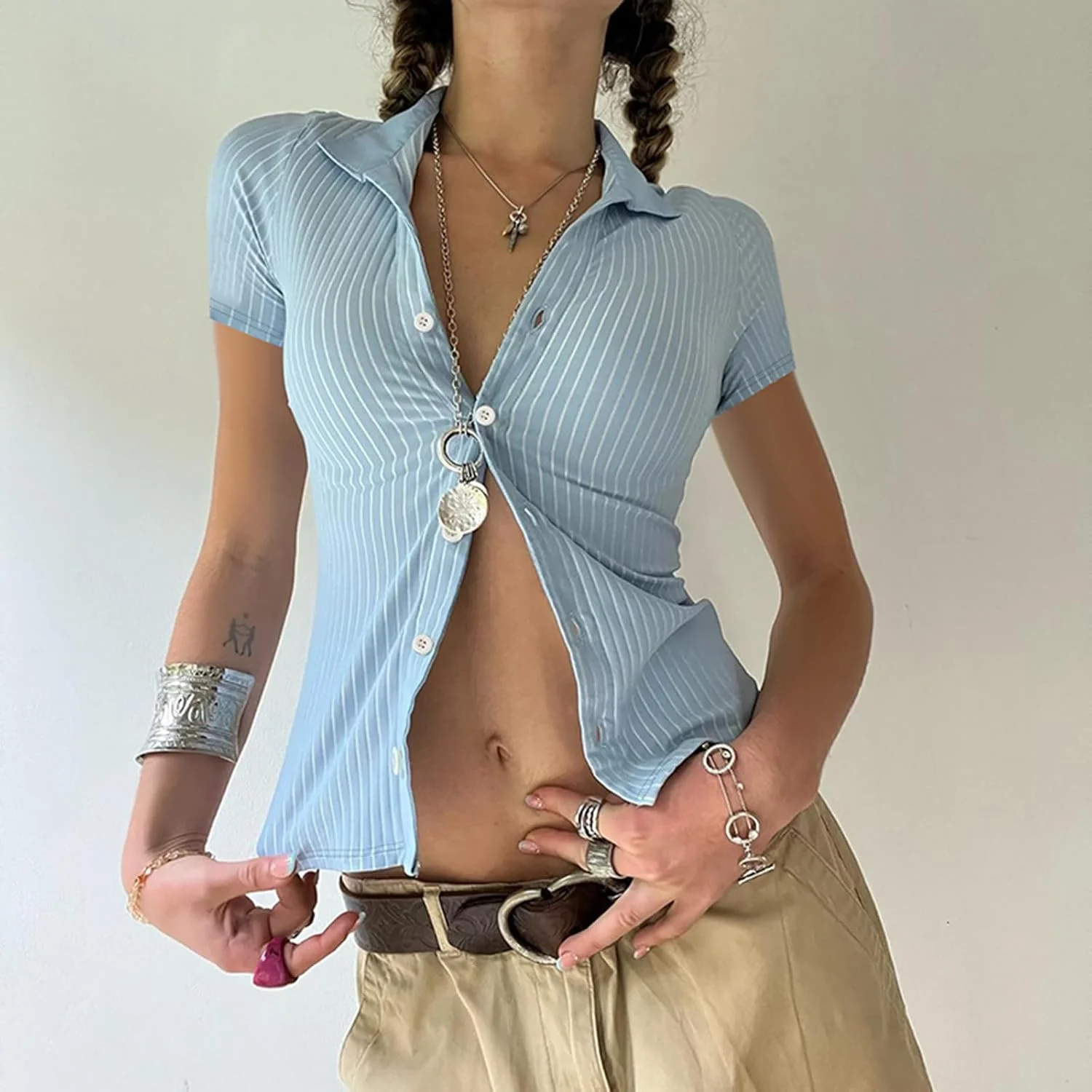 بلوز زنانه دکمه دار Y2k آستین کوتاه، یقه برگردان، مناسب استایل اداری و رسمی، بلوز جذب دهه 90 با بند قابل گره