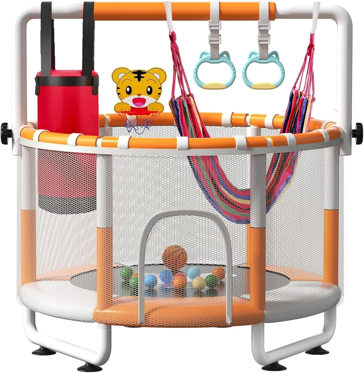 ترامپولین کودک AM ANNA با تور ایمنی، 140 سانتی متر، میله قابل تنظیم در 3 ارتفاع، مناسب فضای داخلی/خارجی، بسته چند اسباب بازی