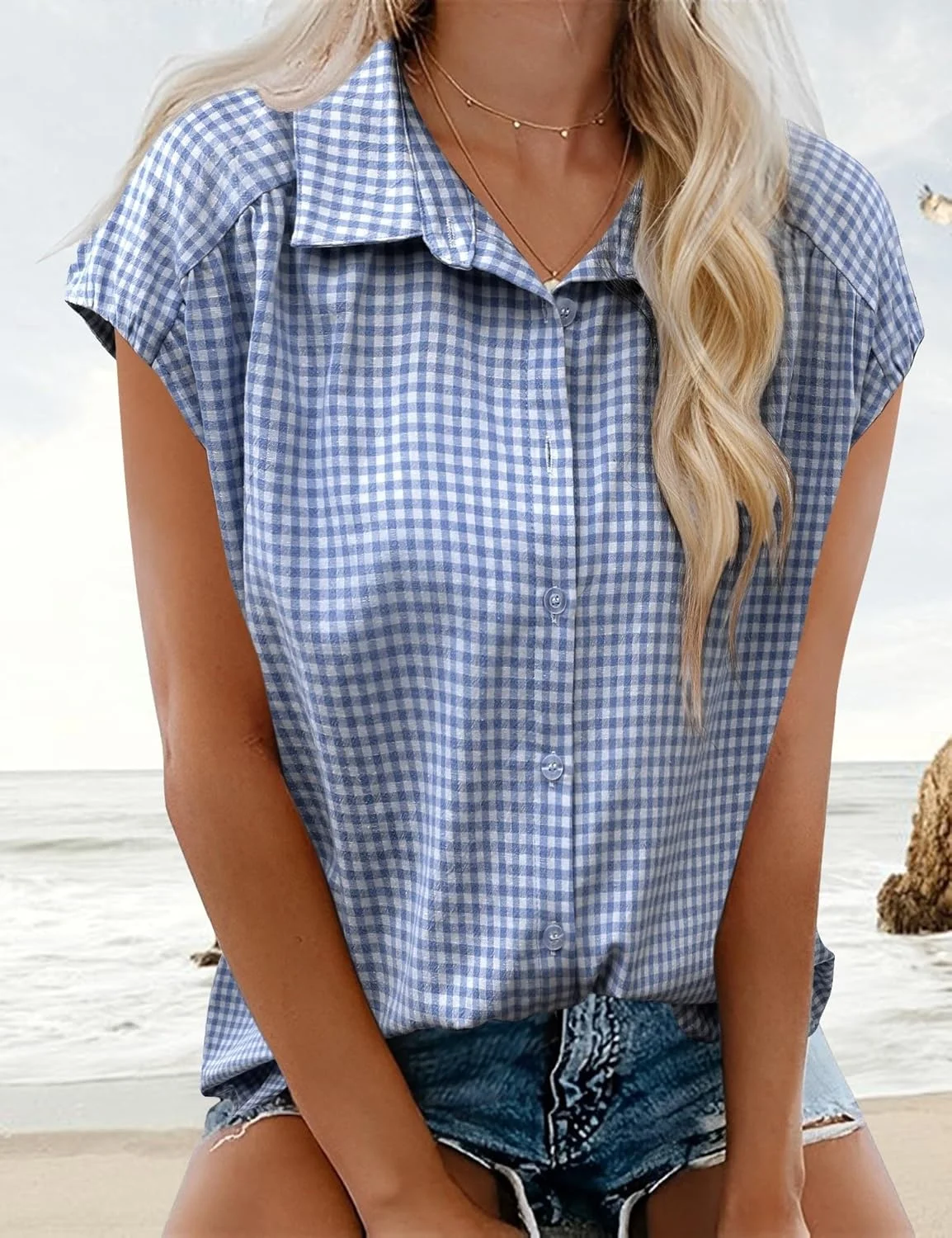 پیراهن دکمه دار زنانه تابستانی طرح شطرنجی، بلوز آستین کوتاه، یقه هفت، پیراهن یقه دار، پیراهن های نخی