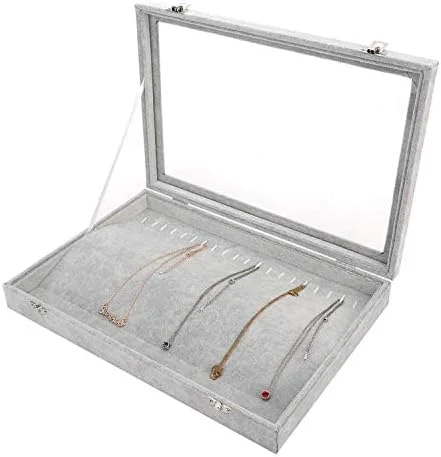 جعبه جواهرات، جعبه نمایش جواهرات، جعبه جواهرات ویترینی برای 20 گردنبند، خاکستری
