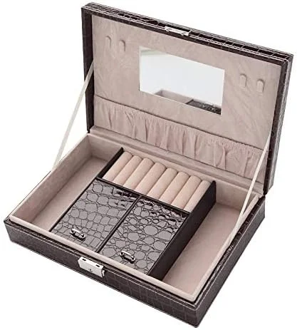 جعبه نگهداری جواهرات طرح چرم کروکودیل شامل ساعت، گردنبند، گوشواره و انگشتر به همراه آینه