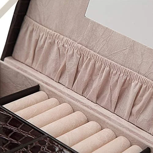 جعبه نگهداری جواهرات طرح چرم کروکودیل شامل ساعت، گردنبند، گوشواره و انگشتر به همراه آینه