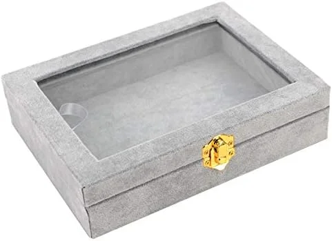 جعبه نگهداری جواهرات کوچک، گردنبند، دستبند و انگشتر، فلانل خاکستری با روکش شیشه ای