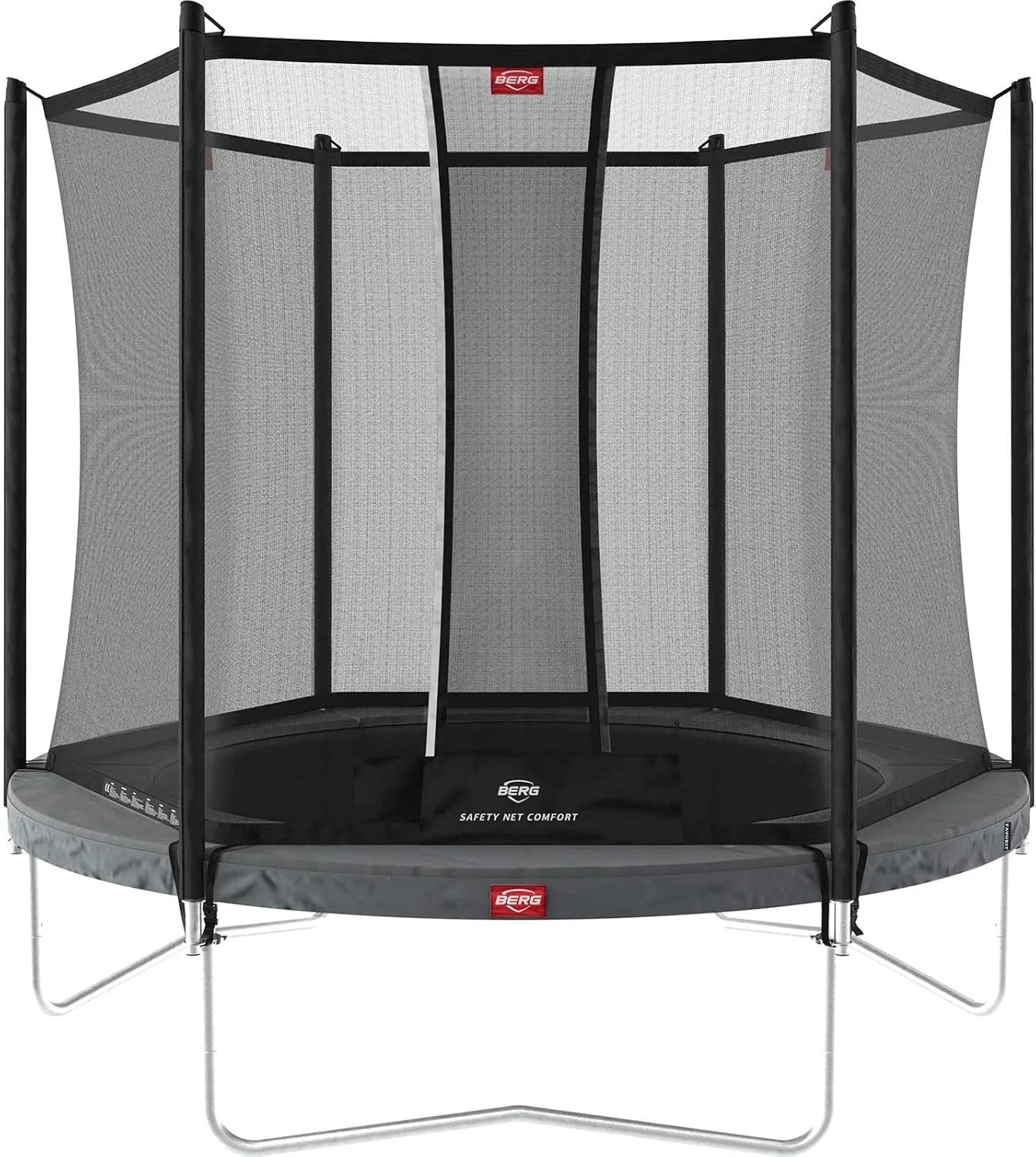 ترامپولین 200 خاکستری BERG Favorit با توری ایمنی Comfort برای کودکان و بزرگسالان، ترامپولین بادوام 200 سانتی متری فضای باز با قاب پایدار و ویژگی های ایمنی اضافی
