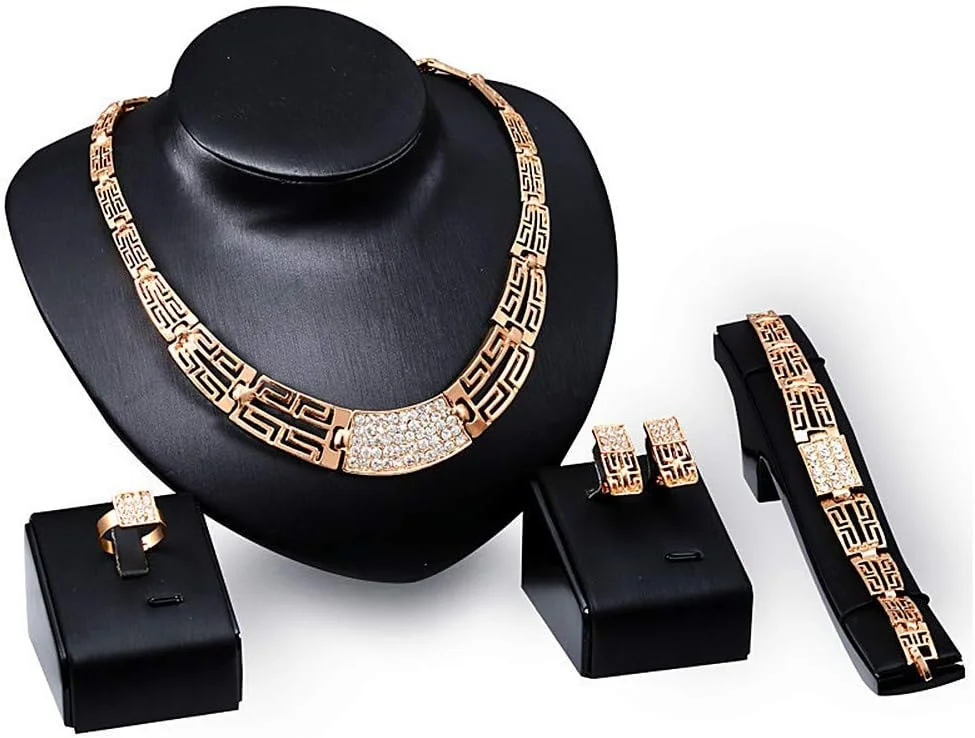 ست زیورآلات زنانه طرح تابستانی با روکش طلای کریستالی شامل گردنبند، دستبند، گوشواره و انگشتر