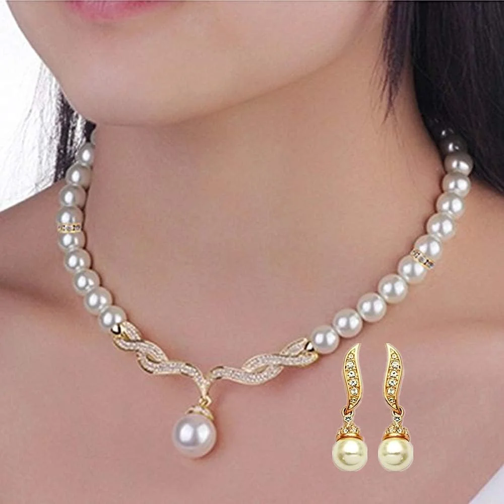 ست گردنبند و گوشواره مرواریدی با روکش طلای 18 عیار و آویز کریستال اتریشی