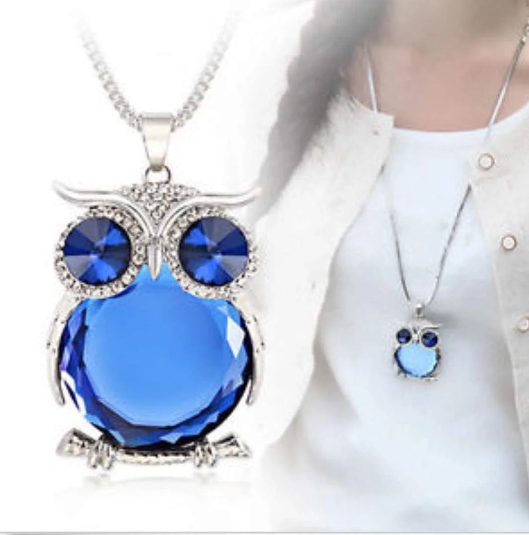 گردنبند زنجیر بلند با آویز جغد کریستال آبی