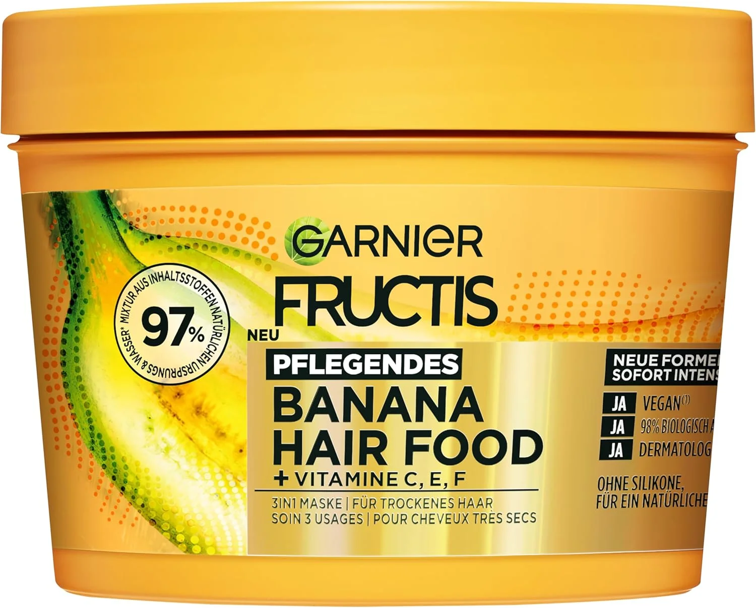 ماسک موی مغذی موز گارنیه Fructis، مناسب موهای خشک و افزایش نرمی، قابل استفاده به عنوان نرم کننده، ماسک یا حالت دهنده، کمپلکس لیپید، بدون سیلیکون، غذای مو، 3 در 1، 400 میلی لیتر