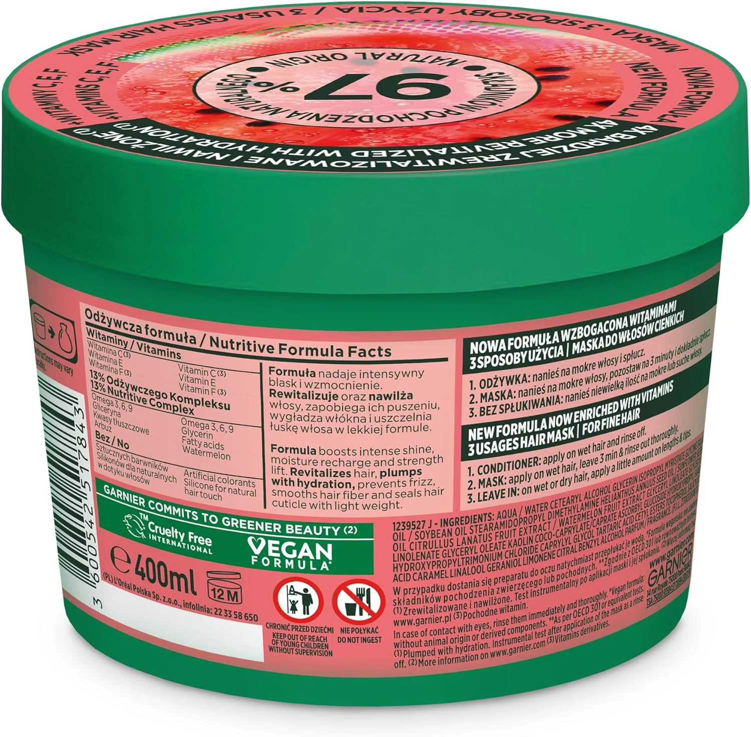 ماسک موی هندوانه گارنیه فروکتیس مناسب موهای نازک ۴۰۰ میلی لیتر ماسک موی هندوانه گارنیه فروکتیس مناسب موهای نازک ۴۰۰ میلی لیتر