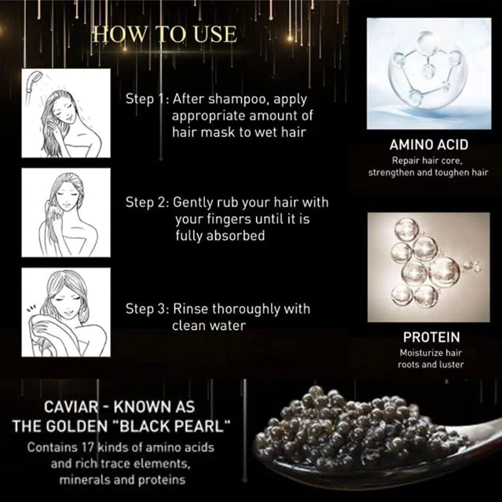 ماسک مو با عصاره خاویار و پروتئین کراتین - ماسک بازسازی کننده کراتین مو - درخشان کننده و مراقبت از مو - مناسب موهای خشک و آسیب دیده - 2 عدد