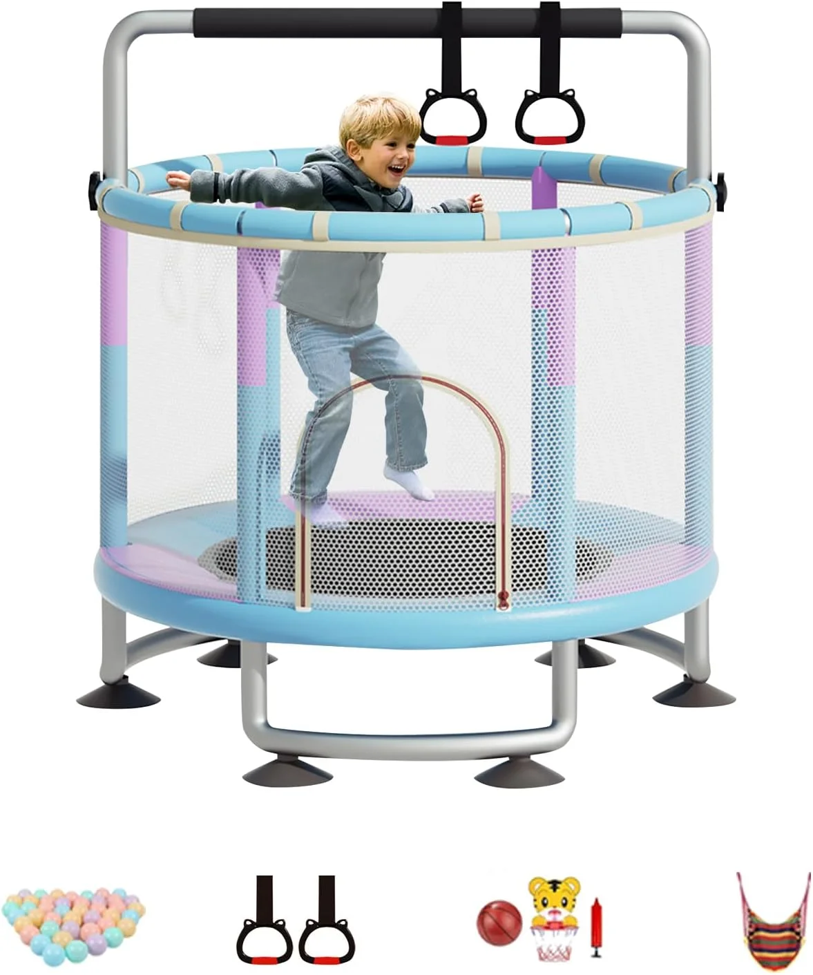 ترامپولین کودک دایونگ، ترامپولین کودک نوپا با توری محافظ ایمنی، ترامپولین کودک با توپ های اقیانوسی/حلقه بسکتبال/تاب، ترامپولین پرش کودکان سرپوشیده فضای باز