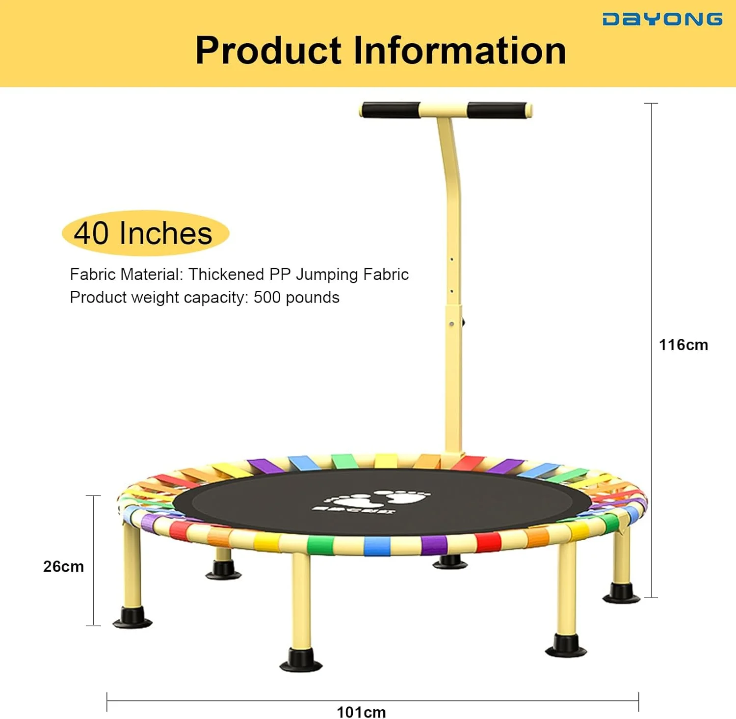 ترامپولین 40 اینچی DAYONG برای کودکان با دسته قابل تنظیم در 3 ارتفاع، ترامپولین تفریحی بی صدا و پایدار برای کودکان در فضای داخلی/خارجی ترامپولین 40 اینچی DAYONG برای کودکان با دسته قابل تنظیم در 3 ارتفاع، ترامپولین تفریحی بی صدا و پایدار برای کودکان در فضای داخلی/خارجی