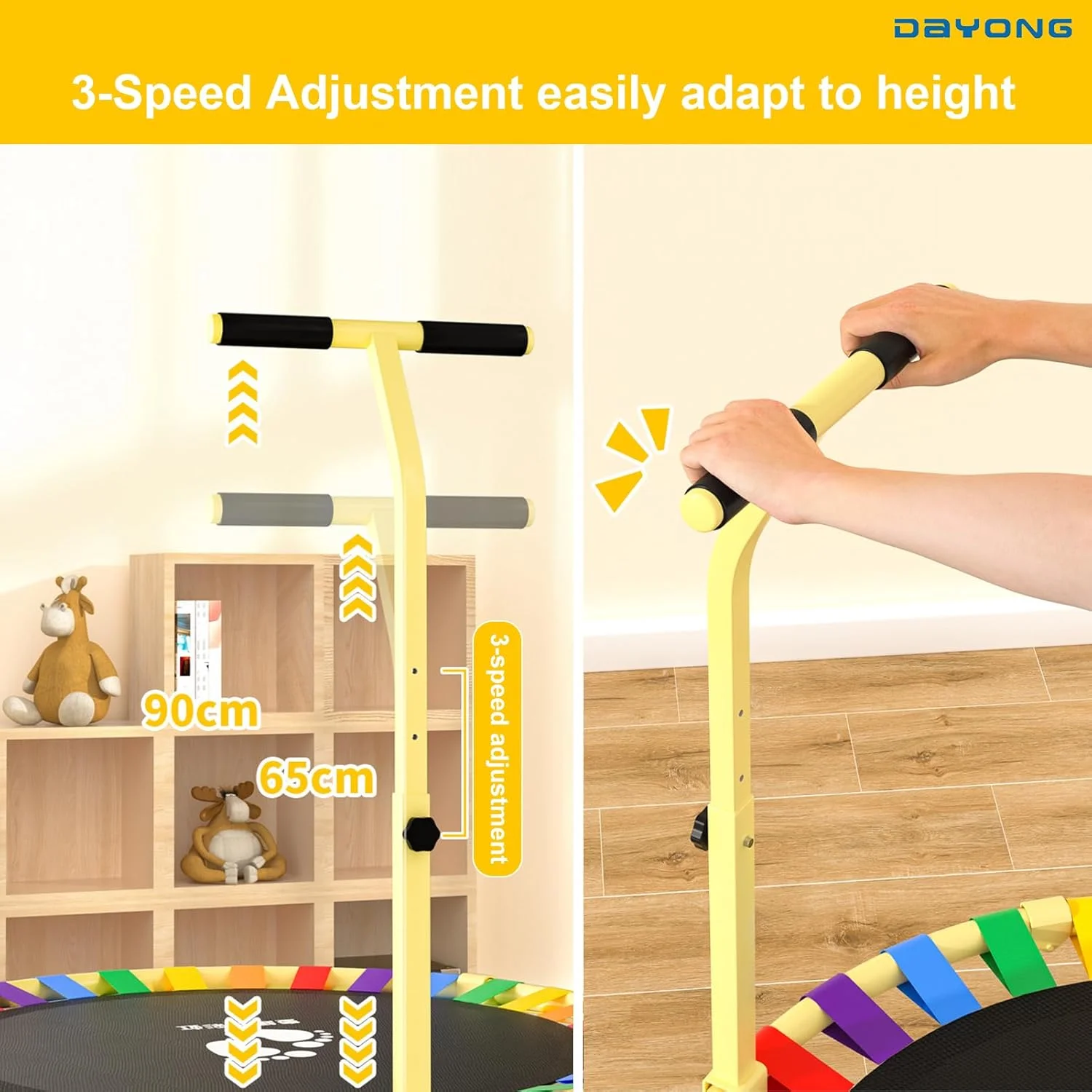 ترامپولین 40 اینچی DAYONG برای کودکان با دسته قابل تنظیم در 3 ارتفاع، ترامپولین تفریحی بی صدا و پایدار برای کودکان در فضای داخلی/خارجی ترامپولین 40 اینچی DAYONG برای کودکان با دسته قابل تنظیم در 3 ارتفاع، ترامپولین تفریحی بی صدا و پایدار برای کودکان در فضای داخلی/خارجی