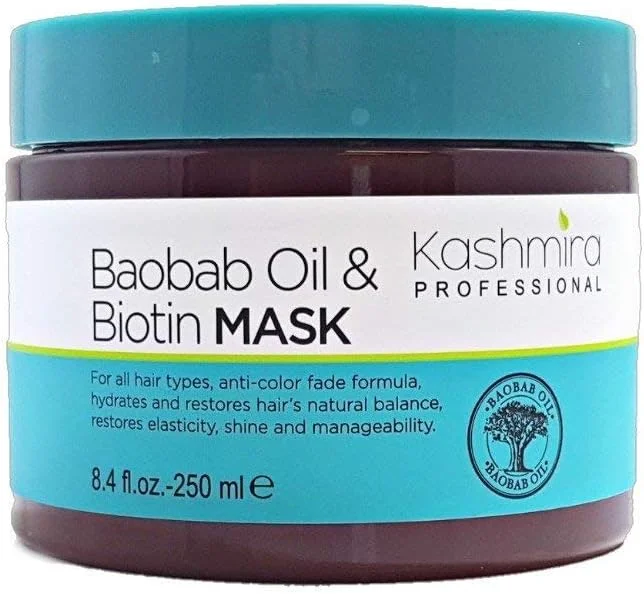 ماسک مو روغن بائوباب و بیوتین حرفه ای کشمیره، به عمق مو نفوذ می کند تا به بازیابی خاصیت ارتجاعی و بازسازی استحکام مو کمک کند.