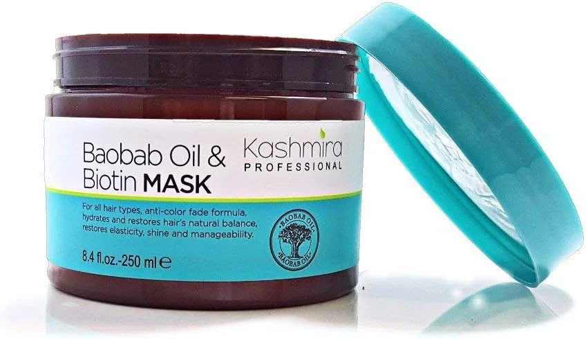 ماسک مو روغن بائوباب و بیوتین حرفه ای کشمیره، به عمق مو نفوذ می کند تا به بازیابی خاصیت ارتجاعی و بازسازی استحکام مو کمک کند.