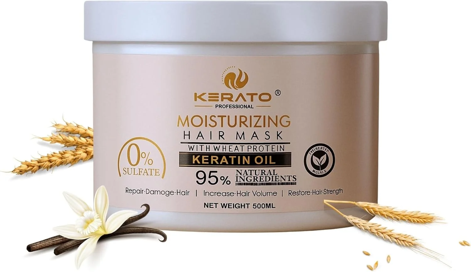 ماسک موی حرفه ای کراتوپلاس بدون سولفات و پارابن 500 میلی لیتر | برای موهای خشک و وز | ماسک مو برای کنترل ریزش مو | ماسک موی مرطوب کننده با پروتئین گندم و روغن کراتین