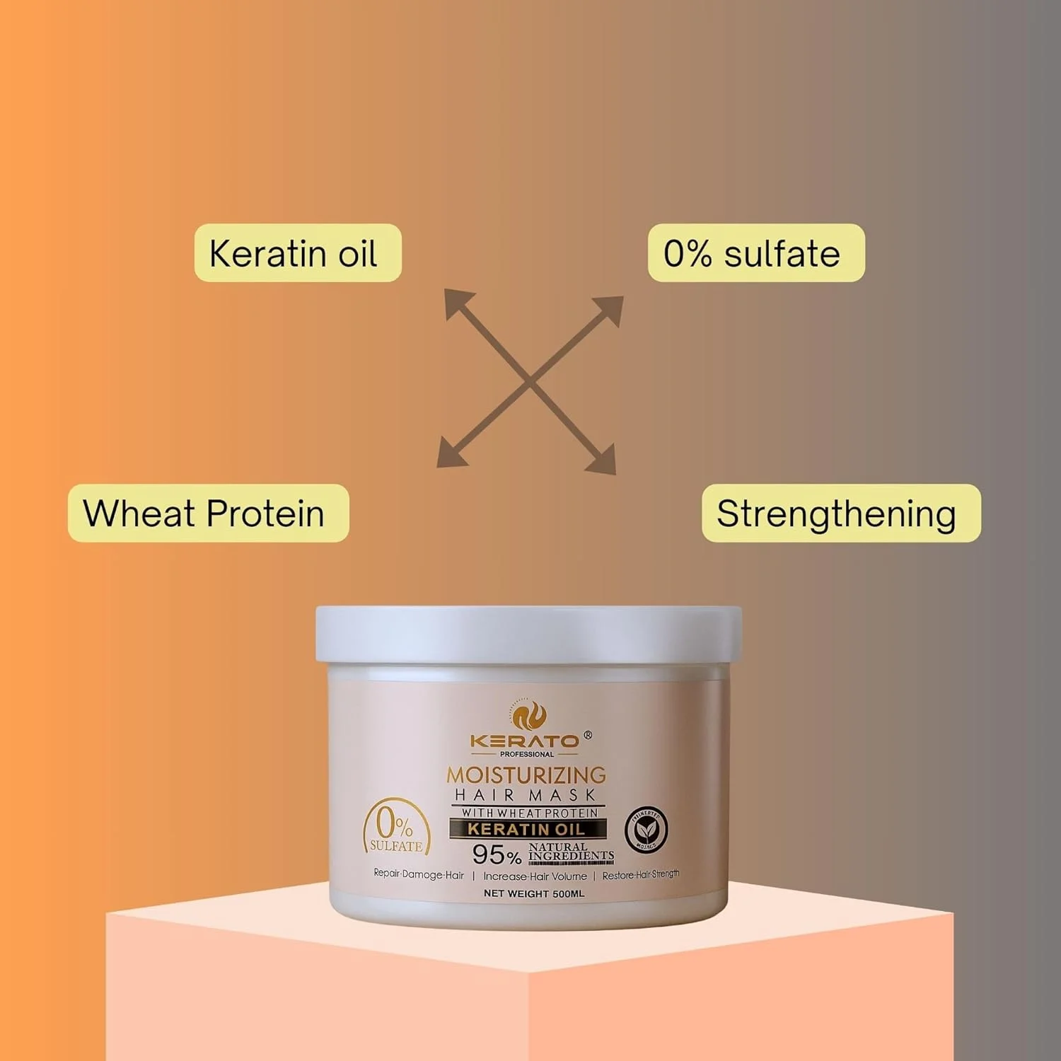 ماسک موی حرفه ای کراتوپلاس بدون سولفات و پارابن 500 میلی لیتر | برای موهای خشک و وز | ماسک مو برای کنترل ریزش مو | ماسک موی مرطوب کننده با پروتئین گندم و روغن کراتین