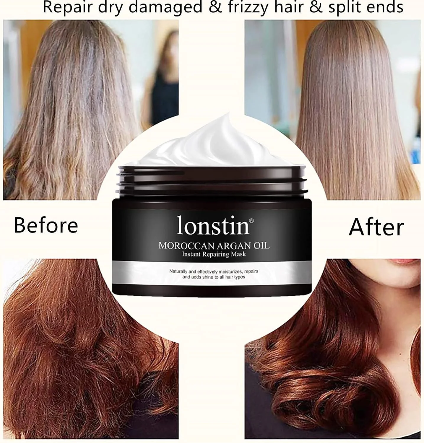 ماسک موی روغن آرگان lonstin، ماسک مو بدون سولفات، درمان نرم کننده عمیق برای موهای خشک و آسیب دیده، موهای رنگ شده و دکلره شده، ماسک ترمیم کننده آبرسان برای مردان و زنان - 300 میلی لیتر