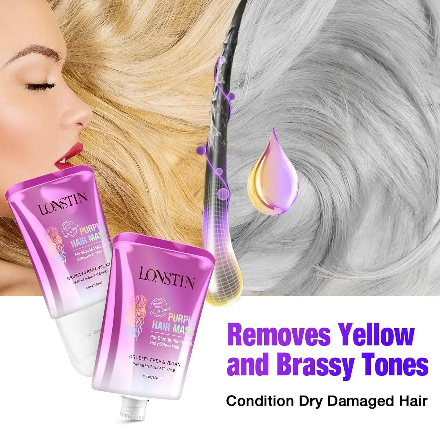 ماسک موی بنفش Lonstin به همراه شانه، 236 میلی لیتر - مناسب برای موهای بلوند، پلاتینه، نقره ای، خاکستری و دکلره شده - ضد زردی، فاقد پارابن و سولفات - از بین برنده ته رنگ های زرد، نرم کننده موهای خشک و آسیب دیده