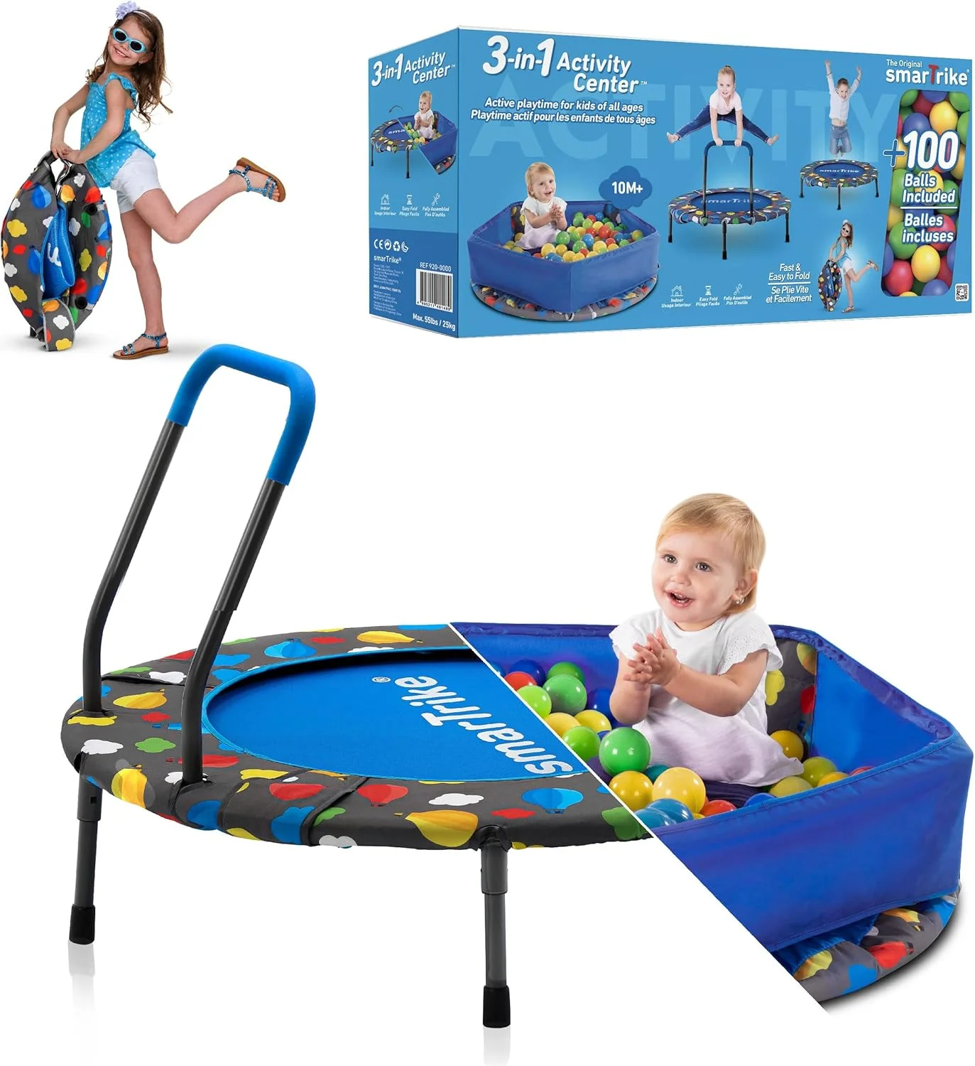 ترامپولین سرپوشیده کودک smarTrike با دسته، استخر توپ با 100 توپ، ترامپولین تاشو کودک، ترامپولین کودک برای 1-5 سال