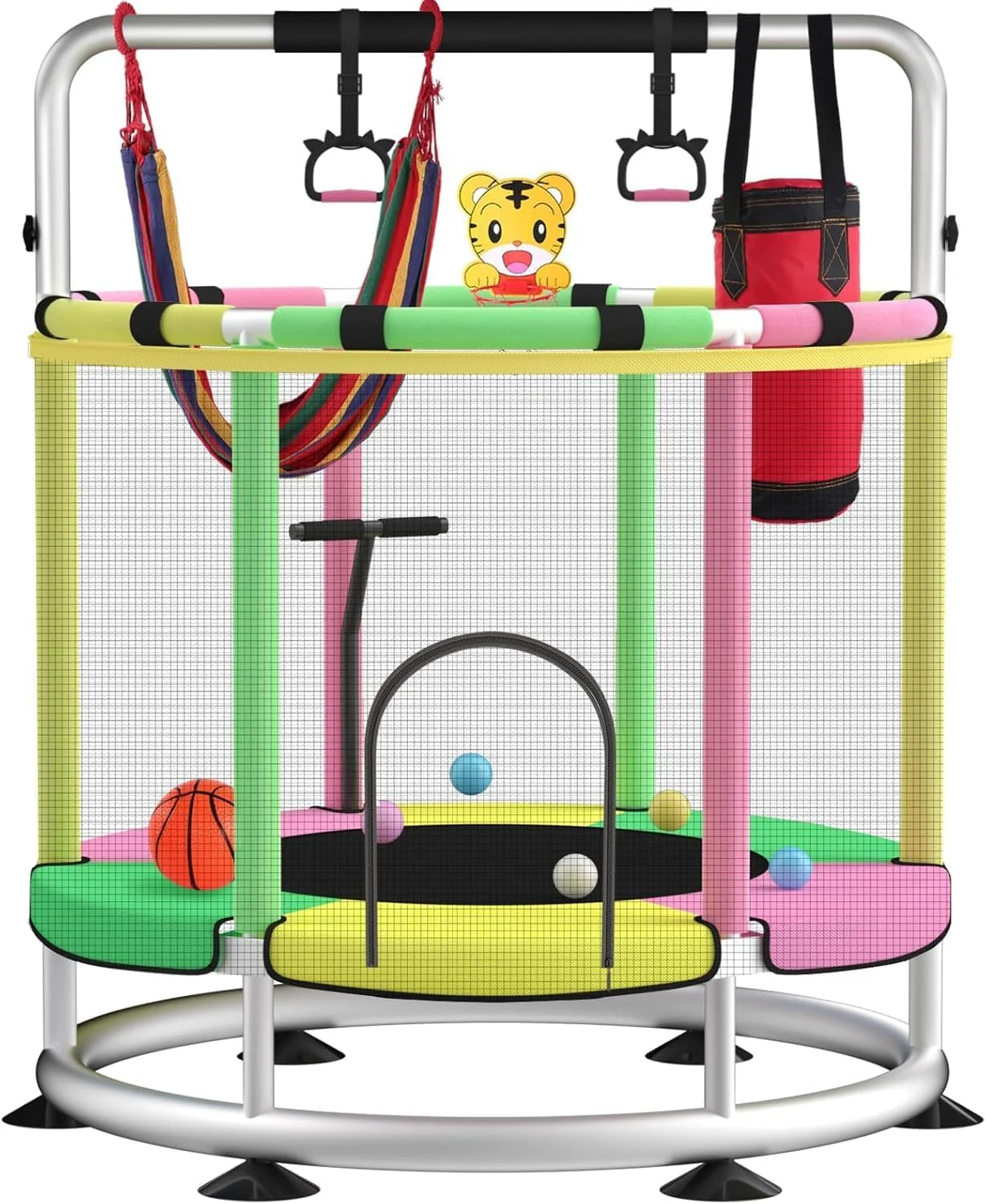 ترامپولین 5 در 1 کودکانه SOOFAM، ترامپولین 55 اینچی برای کودکان نوپا، ارتقا یافته برای کودکان در فضای داخلی و خارجی، 180 کیلوگرم، بزرگ و کوچک با تور ایمنی