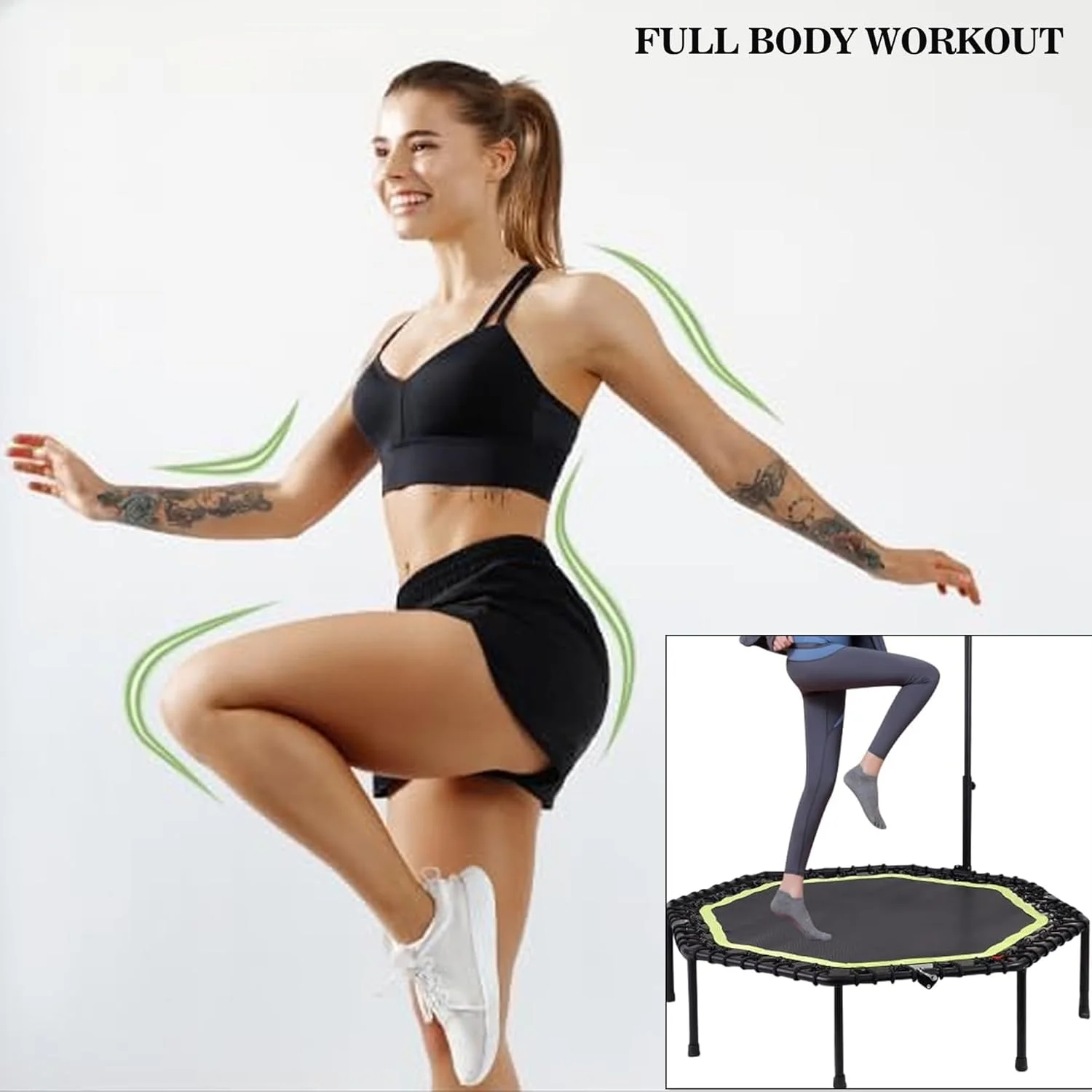 ترامپولین مینی بی صدا Sulfar با دسته های قابل تنظیم، ترامپولین ورزشی، بانجی جامپینگ، مربی کاردیو برای تمرین بزرگسالان