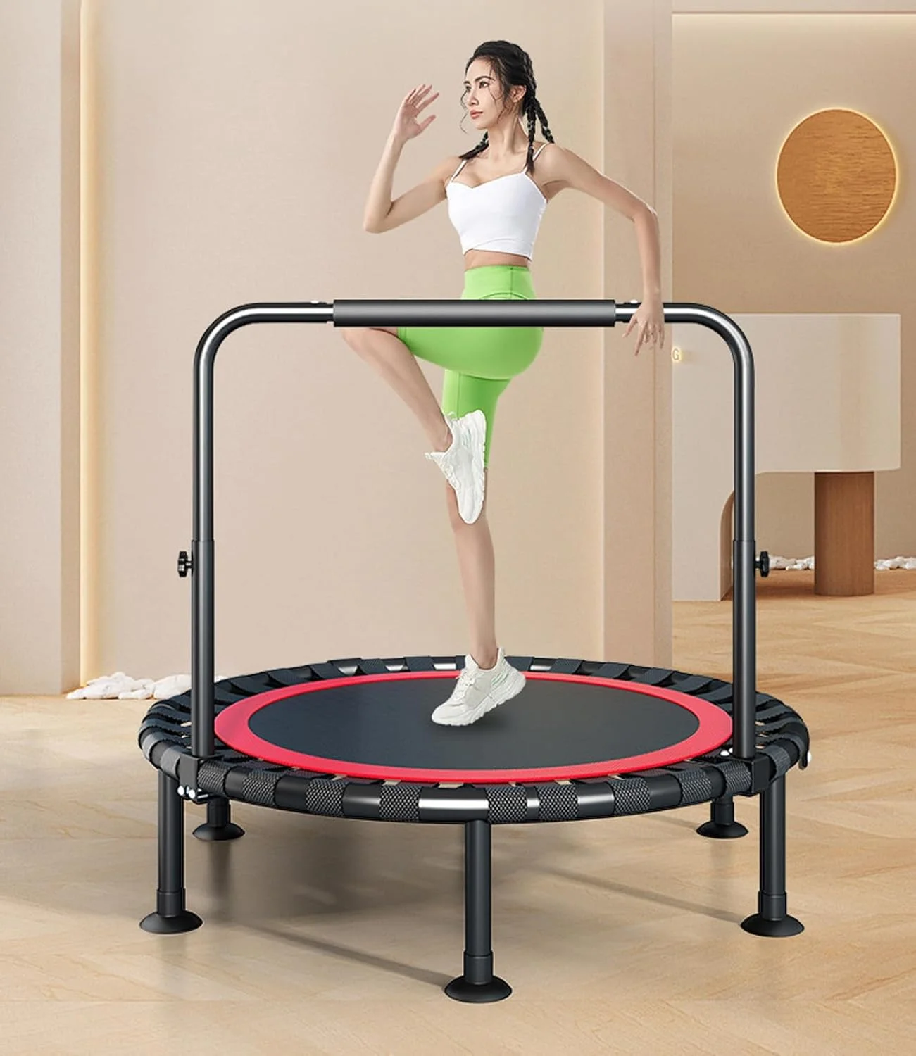 ترامپولین مینی تاشو U-HOOME، ترامپولین ریباندر 48 اینچی برای بزرگسالان و کودکان، ریباندر ورزشی با ظرفیت 204 کیلوگرم با دسته قابل تنظیم، تجهیزات ورزشی تناسب اندام سرپوشیده