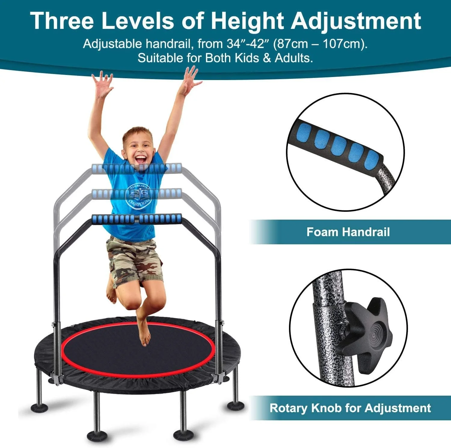 ترامپولین بزرگسال 100 سانتی متری، ترامپولین ورزشی، ترامپولین سرپوشیده با دسته قابل تنظیم و 28 فنر، کاهش وزن، برای کودکان و بزرگسالان، ترامپولین تناسب اندام ورزشی در فضای باز.