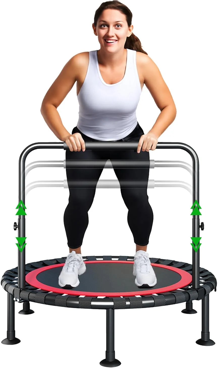 ترامپولین تاشو UimoKi سایز 40 اینچ با دسته قابل تنظیم، تجهیزات باشگاه خانگی برای بزرگسالان و کودکان، مناسب برای استفاده در داخل و خارج از خانه، با پرش بی صدا، ابزار تمرین تناسب اندام، پشتیبانی از ثبات، قابل حمل و جمع و جور