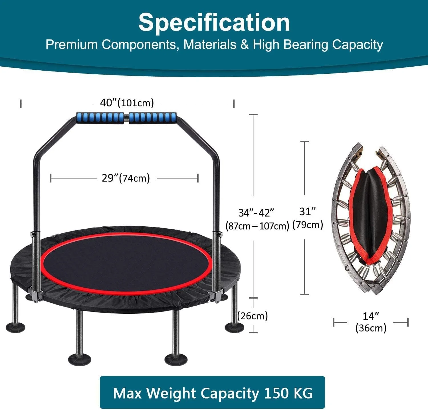ترامپولین بزرگسال 100 سانتی متری، ترامپولین ورزشی، ترامپولین سرپوشیده با دسته قابل تنظیم و 28 فنر، کاهش وزن، برای کودکان و بزرگسالان، ترامپولین تناسب اندام ورزشی در فضای باز.