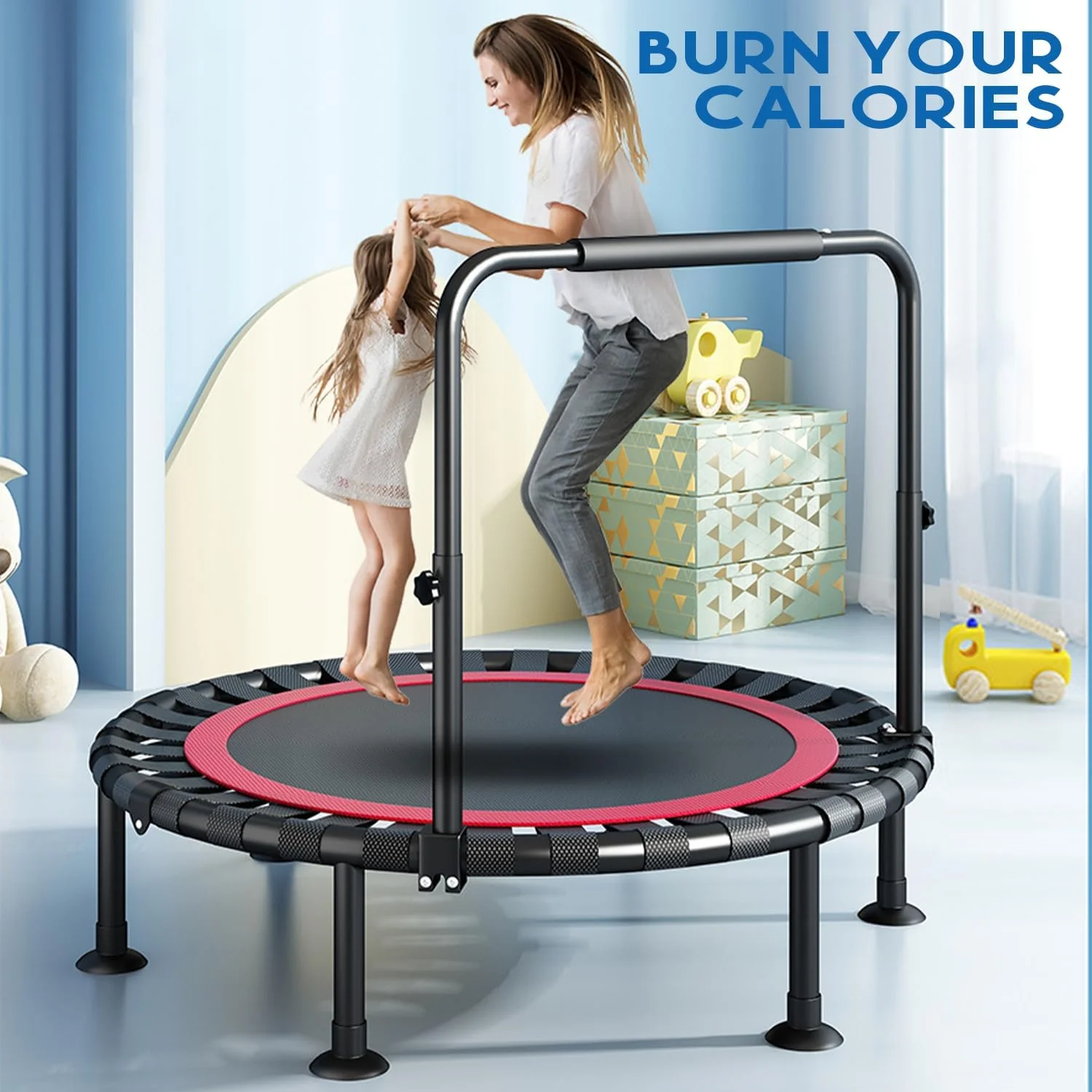 ترامپولین تاشو UimoKi سایز 40 اینچ با دسته قابل تنظیم، تجهیزات باشگاه خانگی برای بزرگسالان و کودکان، مناسب برای استفاده در داخل و خارج از خانه، با پرش بی صدا، ابزار تمرین تناسب اندام، پشتیبانی از ثبات، قابل حمل و جمع و جور