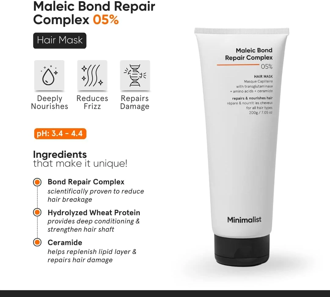 ماسک مو مینیمالیست برای ترمیم موهای خشک، آسیب دیده و کدر | کمپلکس ترمیم پیوند مالئیک 05% با ترانس گلوتامیناز، آمینو اسیدها و سرامیدها | برای زنان و مردان | 200 گرم
