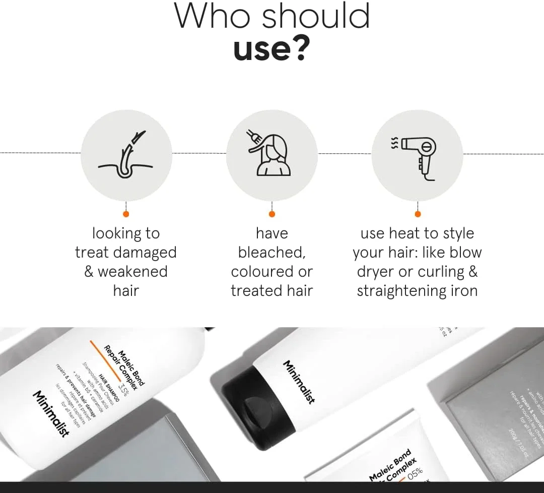 ماسک مو مینیمالیست برای ترمیم موهای خشک، آسیب دیده و کدر | کمپلکس ترمیم پیوند مالئیک 05% با ترانس گلوتامیناز، آمینو اسیدها و سرامیدها | برای زنان و مردان | 200 گرم