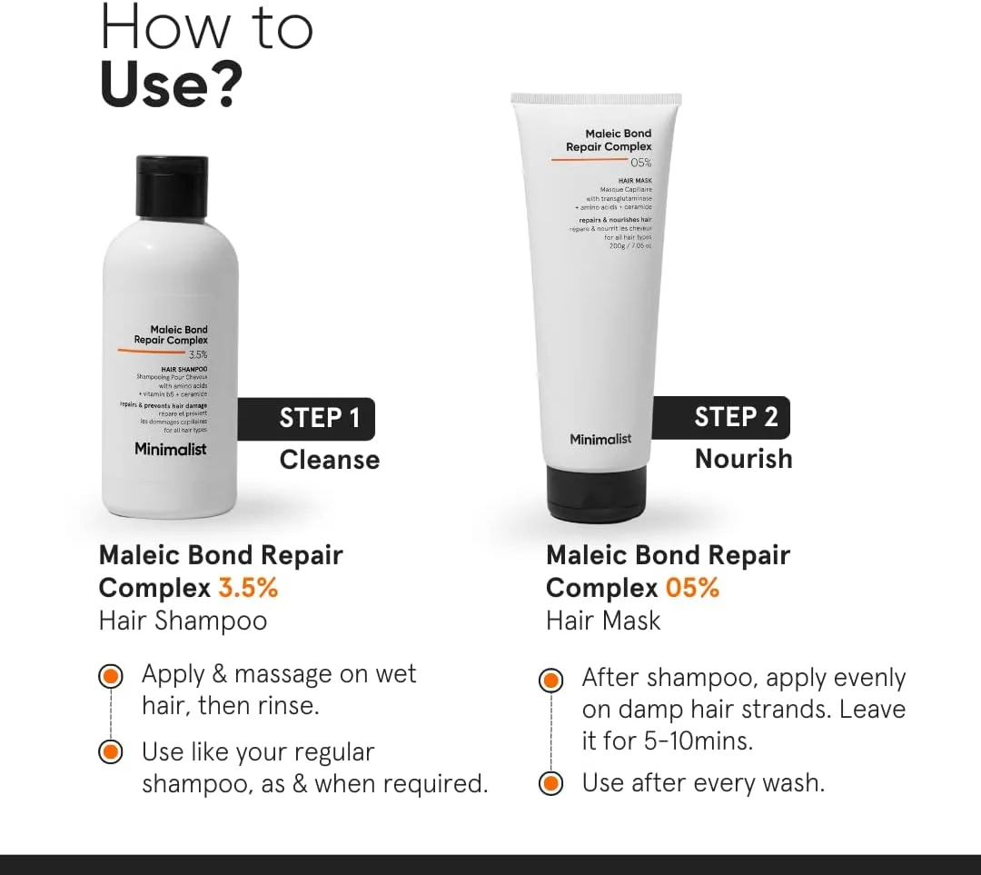 ماسک مو مینیمالیست برای ترمیم موهای خشک، آسیب دیده و کدر | کمپلکس ترمیم پیوند مالئیک 05% با ترانس گلوتامیناز، آمینو اسیدها و سرامیدها | برای زنان و مردان | 200 گرم