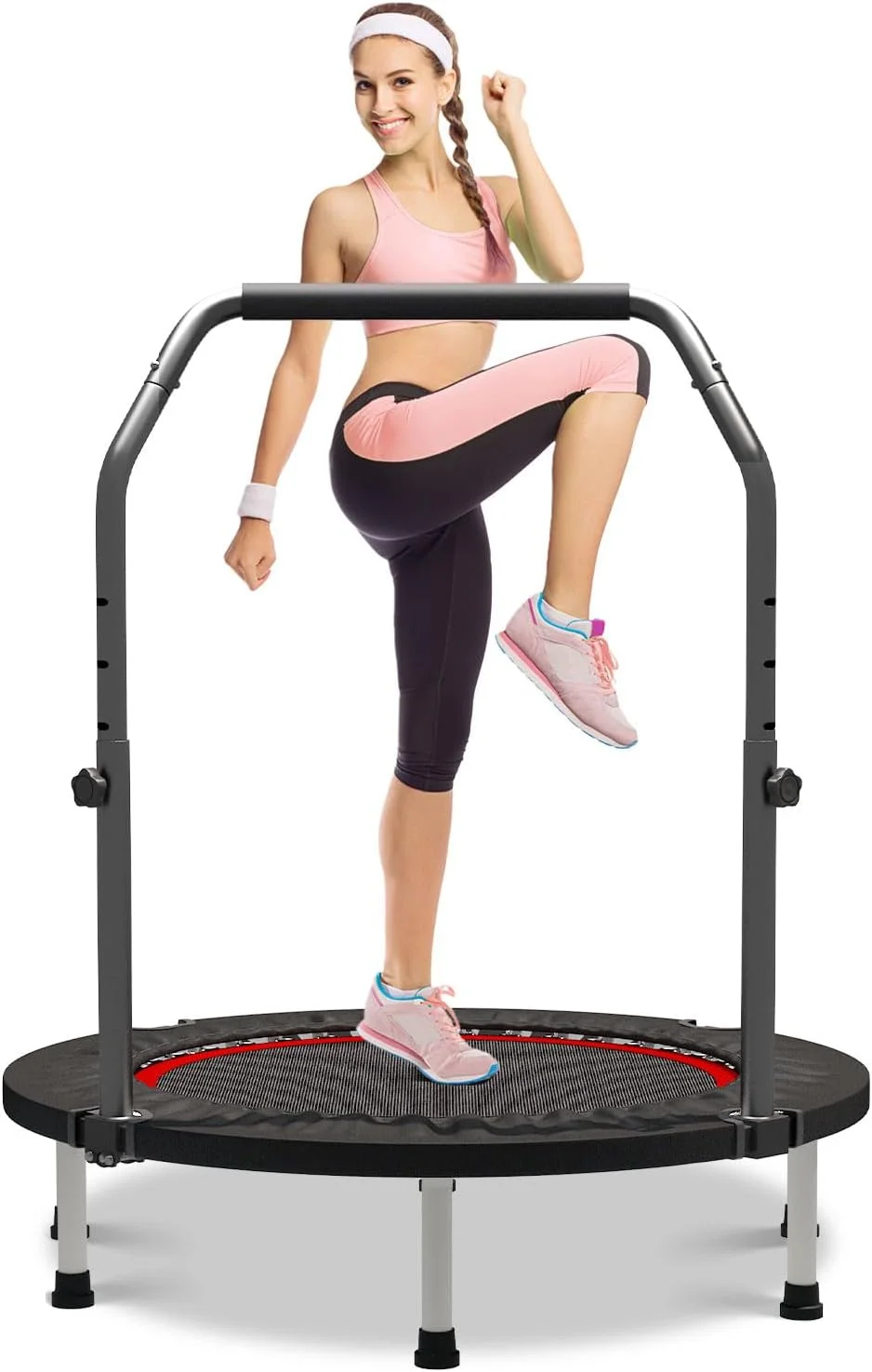 ترامپولین کوچک Wonlink در اندازه های 40 و 48 اینچ مناسب ورزش بزرگسالان و کودکان، ریباندر با میله، ترامپولین ورزشی قابل تنظیم ارتفاع مناسب فضای داخلی، حداکثر تحمل وزن 150 و 200 کیلوگرم